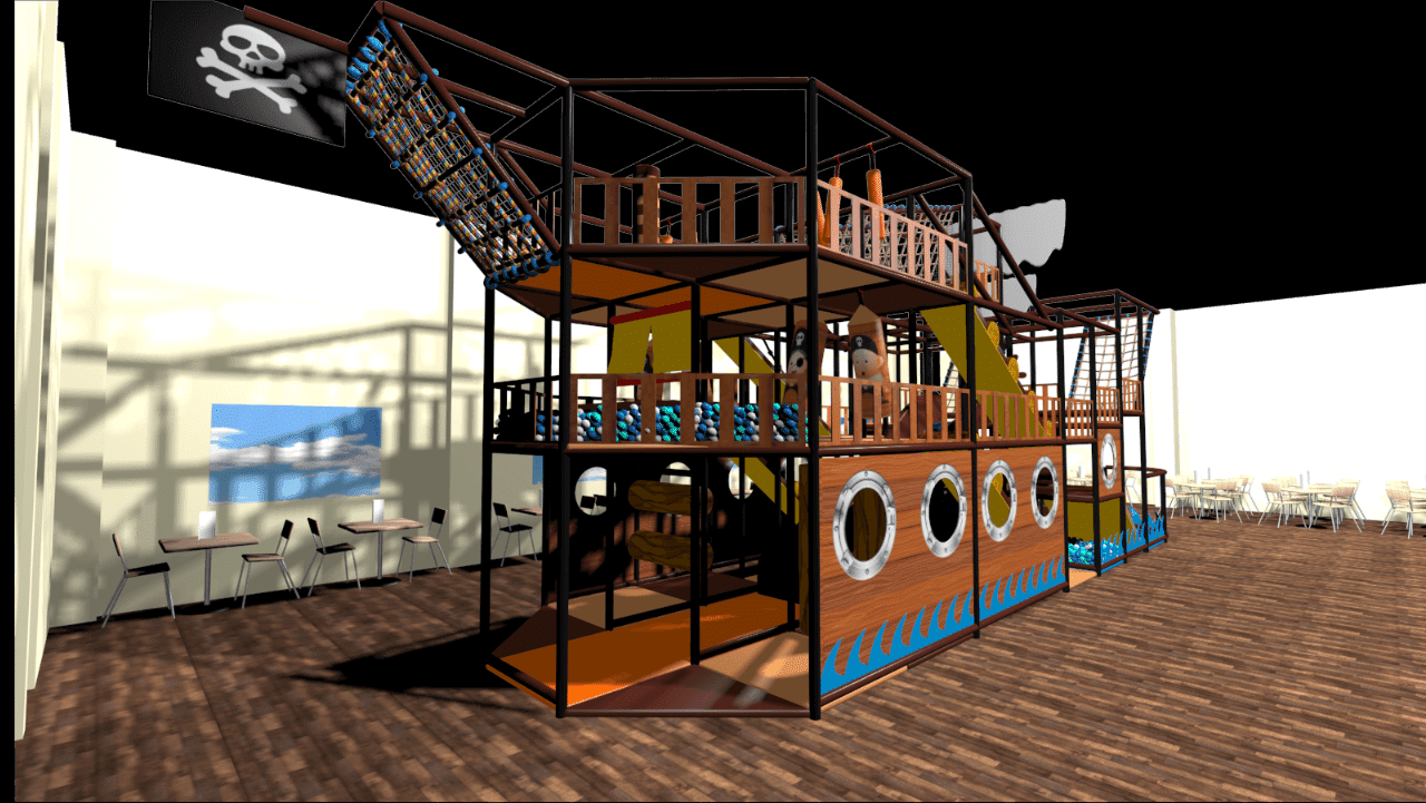 Multi level pirate ship climbing nets in Barcelona café, maximizing vertical space for indoor playgrounds Multi level pirate ship climbing nets in Barcelona café, maximizing vertical space for indoor playgrounds
